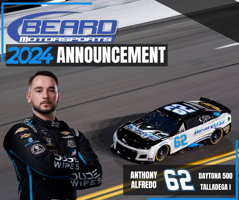 Beard Motorsports (@beardoil62) on Twitter photo We're back in 2024. 😎 Welcome to the Beard Motorsports team, <a href="/AnthonyAlfredo/">Anthony Alfredo</a>!
#NASCAR | #Daytona500 We're back in 2024. 😎 Welcome to the Beard Motorsports team, <a href="/AnthonyAlfredo/">Anthony Alfredo</a>!
#NASCAR | #Daytona500