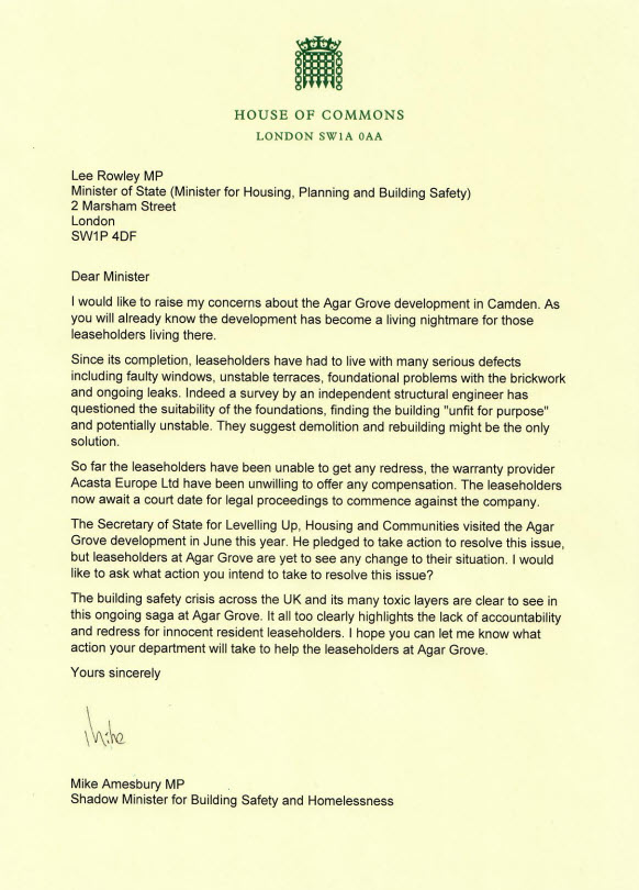 The situation at Agar Grove is very concerning, it highlights many of the issues in the building safety crisis. I’ve written to the Minister to see what action he will take. @dannybster