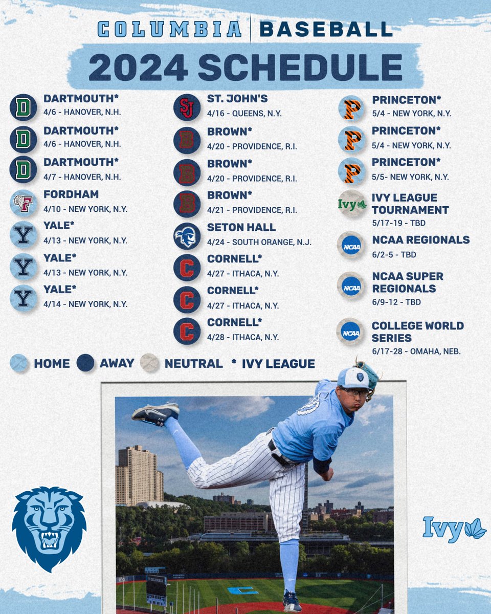 The 2⃣0⃣2⃣4⃣ schedule is out‼️ ⚾️

Key dates include:
-February 23 at Florida (Opening Day)
-March 1 vs. Marist (Home Opener)
-April 13 vs. Yale (Alumni Day)

🔗 bit.ly/485K5XQ

#RoarLionRoar🦁 #OnlyHere🗽