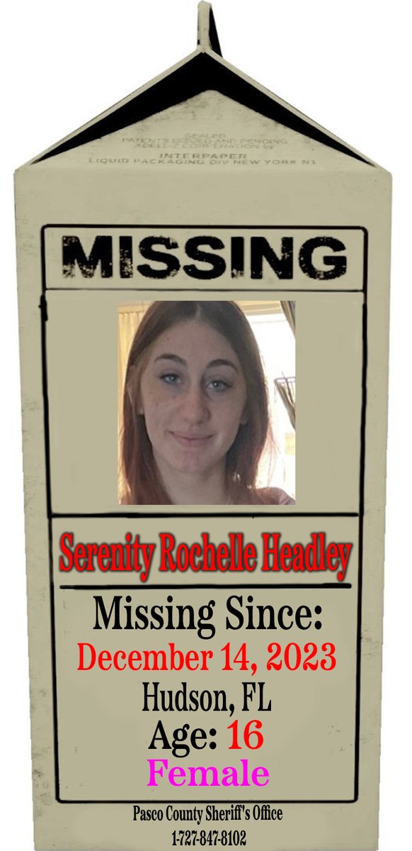 🚨🚨🚨 MISSING CHILD 🚨🚨🚨

Serenity Rochelle Headley
Age: 16
Missing Since: 12/14/23
#Hudson, #Florida 

Serenity may still be in the local area or she may travel to #PinellasCounty or #HernandoCounty, Florida.

Please Call If You Have Information:

#PascoCounty Sheriff's