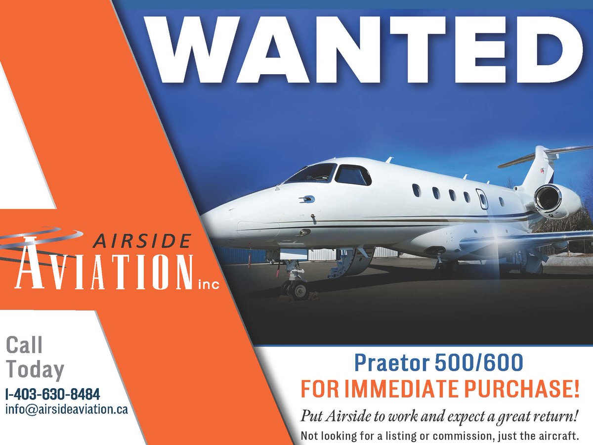 Wanted! Please contact us today if you are looking to sell this aircraft - we have a buyer for immediate purchase. 

Call: 1-403-630-8484
Email: info@airsideaviation.ca

#Airsideaviation #Praetor500 #praetor600