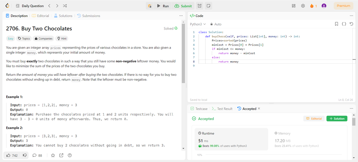 kshitiz_vardhan's tweet photo. #Day94 of #100daysofcode 

• Solved daily question problem on @LeetCode 
- 2706. Buy Two Chocolates

#100daysofcodeatChitkara #techtwitter
#LearnInPublic https://t.co/0eUlqKyTAm