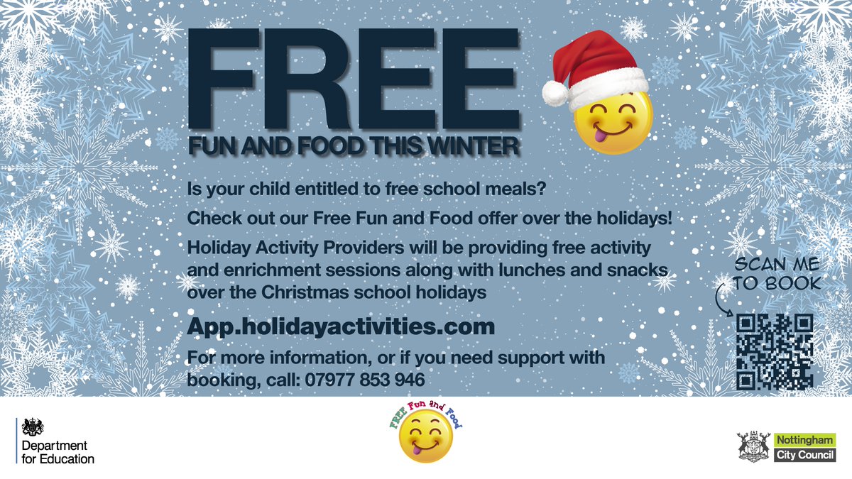 Is your child entitled to free school meals? FREE fun & food is back with activity clubs over the Christmas holidays! 🎄 🏃 Lots of activities 🏃 Venues across the city 🏃 Lunch provided Book your spaces here: App.holidayactivities.com #HAF2023 #FreeFunFoodNottm