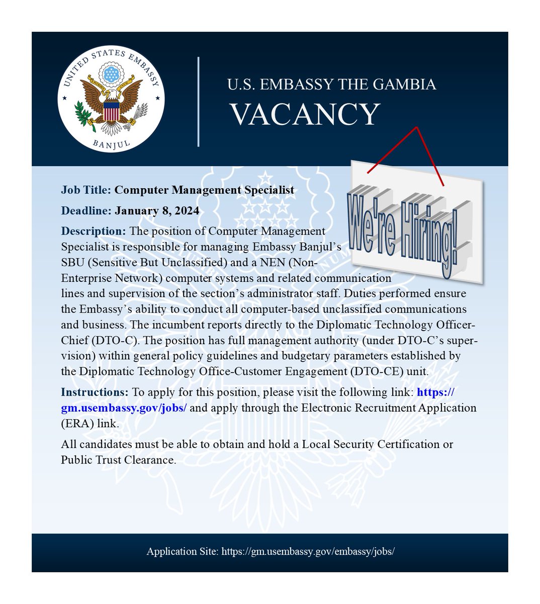 Vacancy Announcement!
We are currently seeking eligible and qualified applicants for the position of Computer Management Specialist on a full-time basis. The deadline for submission of applications is January 8, 2023. For detailed information on how to apply, please click the