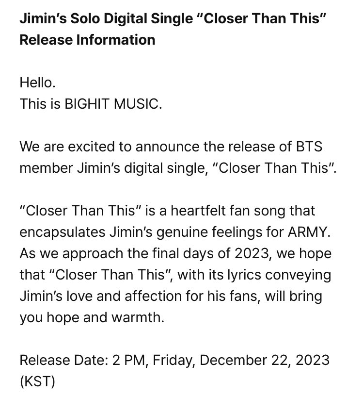 [INFO]📰 ¡Jimin lanzará el single 'Closer Than This' este próximo 22 de diciembre a las 2 PM KST! ©onlybangtanph | @BTS_twt #BTSARMY