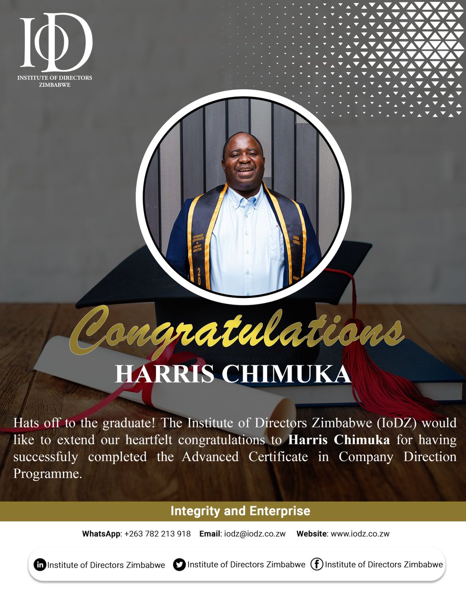 Congratulations Harris Chimuka on successfully completing the Advanced Certificate in Company Direction- (ACCD). To know more and/or enroll in the next ACCD Class, register on this link> lnkd.in/dk2wr6ZX