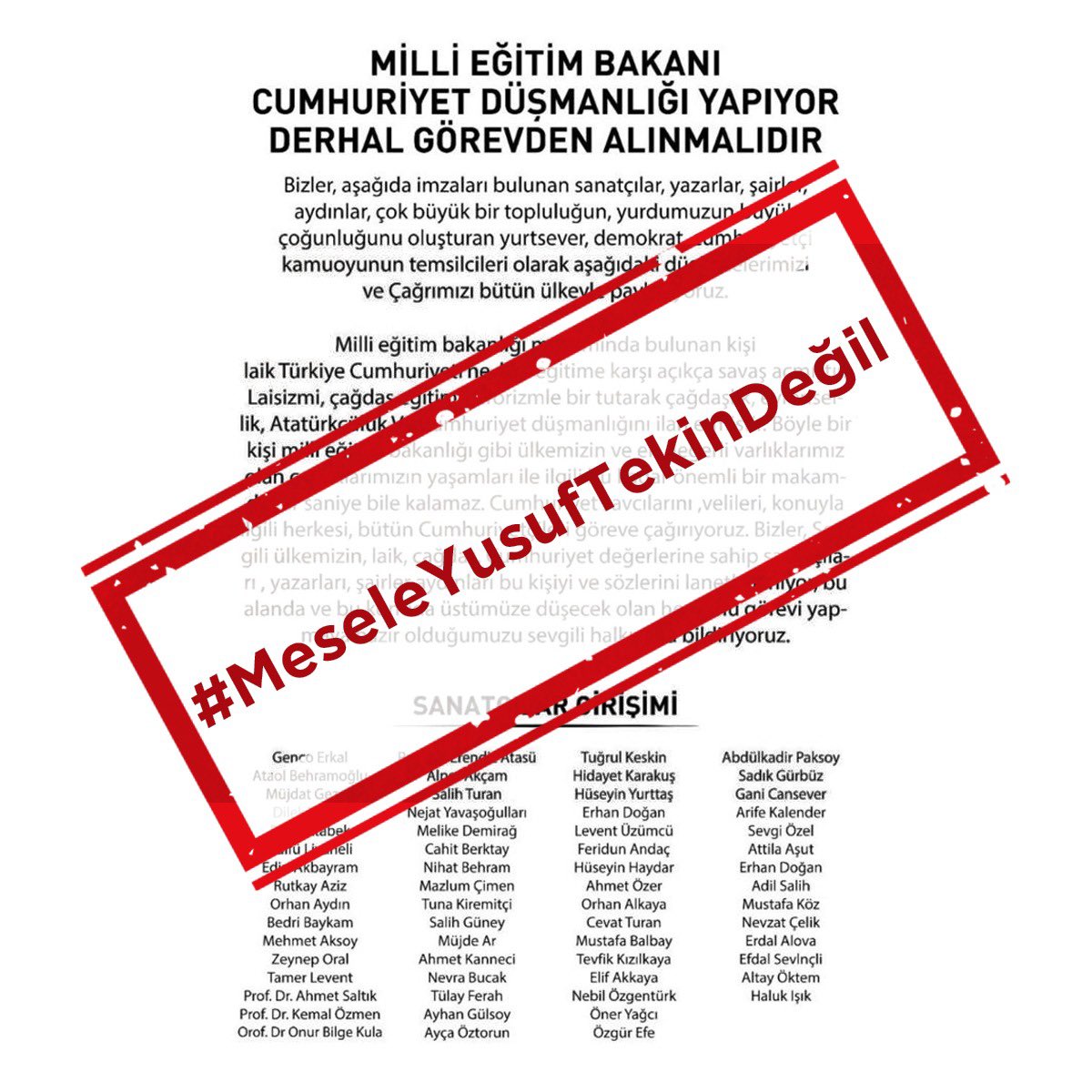 Sanatçı Duyarlılığı Soslu Rafine Din Düşmanlığı mı?

Aydın kimliğinden nasibini almamış, vatanseverliğin kıyısından geçmemiş, bugüne kadar sadra şifa tek hayırlı eylemi olmayan bir grup sözde sanatçı yine şaşırtmadı, yobaz ideolojilerine sımsıkı sarılarak  Milli Eğitim Bakanı