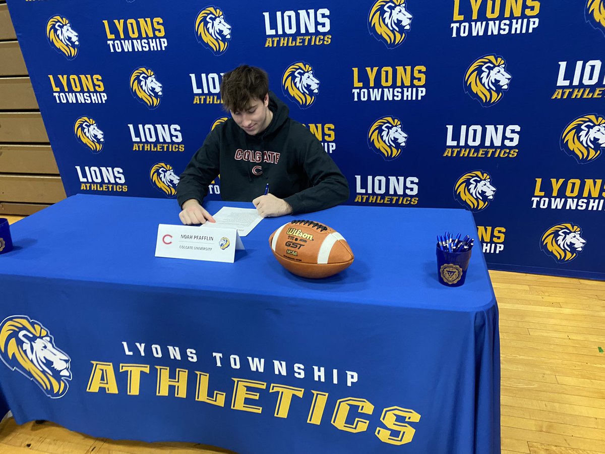 Congratulations @noahpfafflin on officially signing today with @ColgateFB ! We appreciate everything you have done for @LyonsTwpFball and we are excited for you and your next chapter playing for the Raiders! @LTHS_Athletics @jltyrrell8 @LTHS_D204 @BrentBassham @LTWaterman