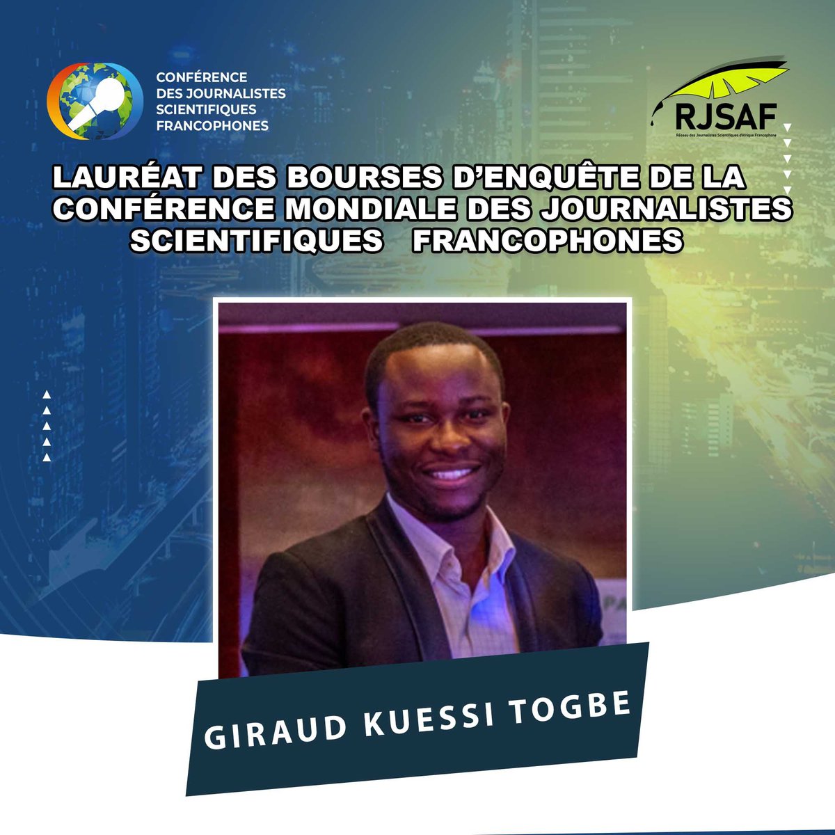 Lauréat des bourses d'enquête de la conférence mondiale des journalistes scientifiques francophones de notre réseau, @KuessiTogbe est journaliste diplômé du @CESTIDAKAR. Il a à son actif une 50aine de productions audiovisuelles. Il est correspondant pour scidev.net.