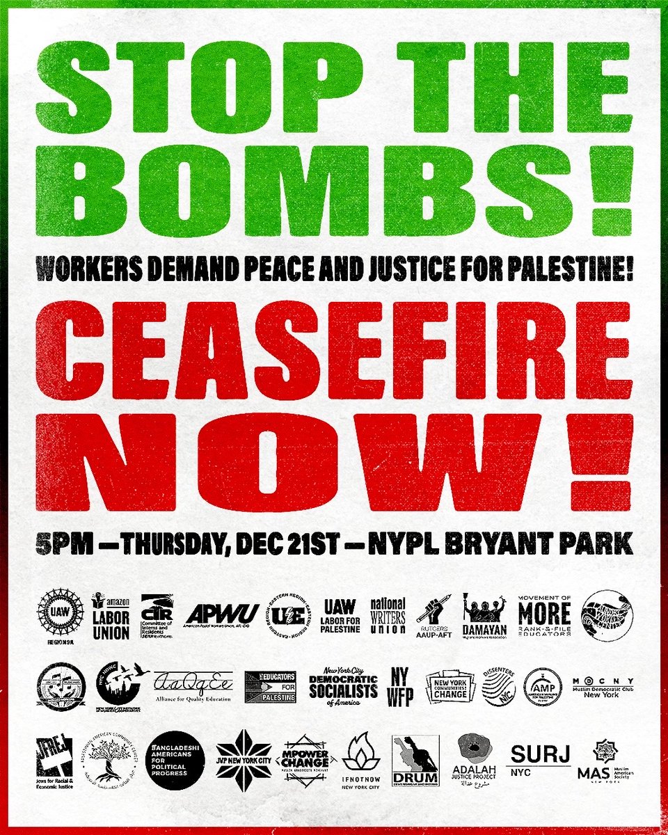 ✊Labor Power, Ceasefire NOW!🇵🇸 THIS THURSDAY, Join @UAWRegion9A, @APWUnational, @ueunion , @amazonlabor, @paythewriter, @UMAW_ , @ruaaup, @cirseiu and more to demand a permanent ceasefire now! No more US money for war crimes! Workers unite for peace & justice in Palestine!🧵