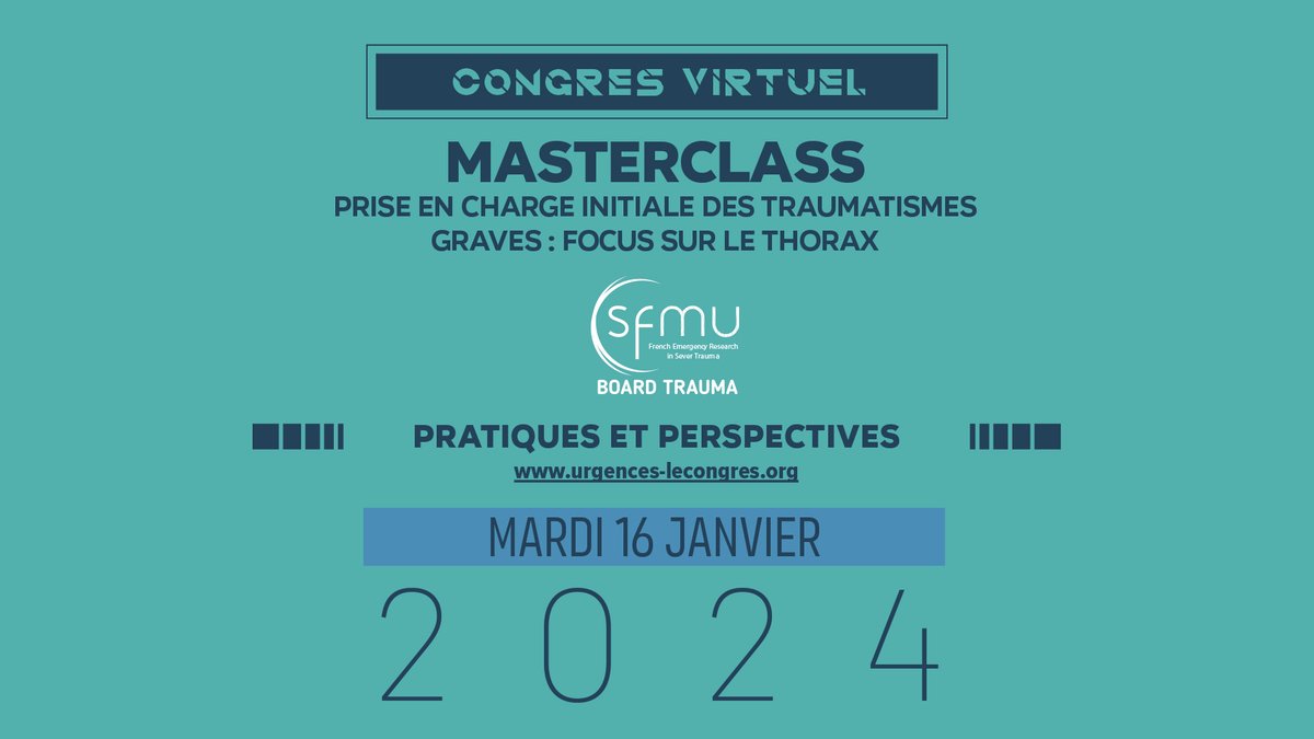 Urgences Le Congrès (@congresurgences) on Twitter photo Inscrivez-vous dès maintenant !
📅 Mardi 16 janvier 2024 : Masterclass #SFMU
Prise en charge initiale des #traumatismes graves : focus sur le thorax📍EN LIGNE
👉urgences-lecongres.org/.../masterclas…
Programme: Fondamentaux - Nouveautés - esymposium <a href="/OctapharmaGroup/">Octapharma</a>  - Cas cliniques interactifs Inscrivez-vous dès maintenant !
📅 Mardi 16 janvier 2024 : Masterclass #SFMU
Prise en charge initiale des #traumatismes graves : focus sur le thorax📍EN LIGNE
👉urgences-lecongres.org/.../masterclas…
Programme: Fondamentaux - Nouveautés - esymposium <a href="/OctapharmaGroup/">Octapharma</a>  - Cas cliniques interactifs