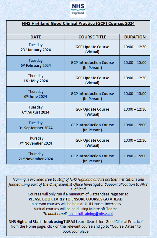 *NEW* 2024 Good Clinical Practice (GCP) Course Schedule - Staff involved in clinical trials are recommended to undertake GCP training & update it every 2 years. For information contact: nhsh.rditraining@nhs.scot @NHSHighland @NHSinnovation @NHSHctrials @IoHRI_UHI @RHW_UHI