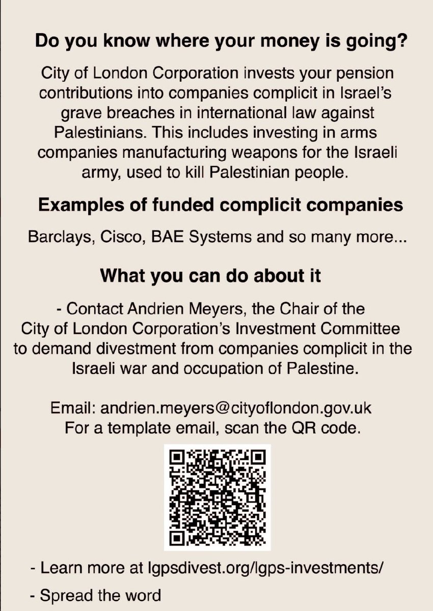 Are you a City of London pension holder? Your pension is being used to fund the genocide in Palestine. Send a letter to the Chair today to demand divestment, and check if your government pension scheme is culpable at lgpsdivest.org 🇵🇸