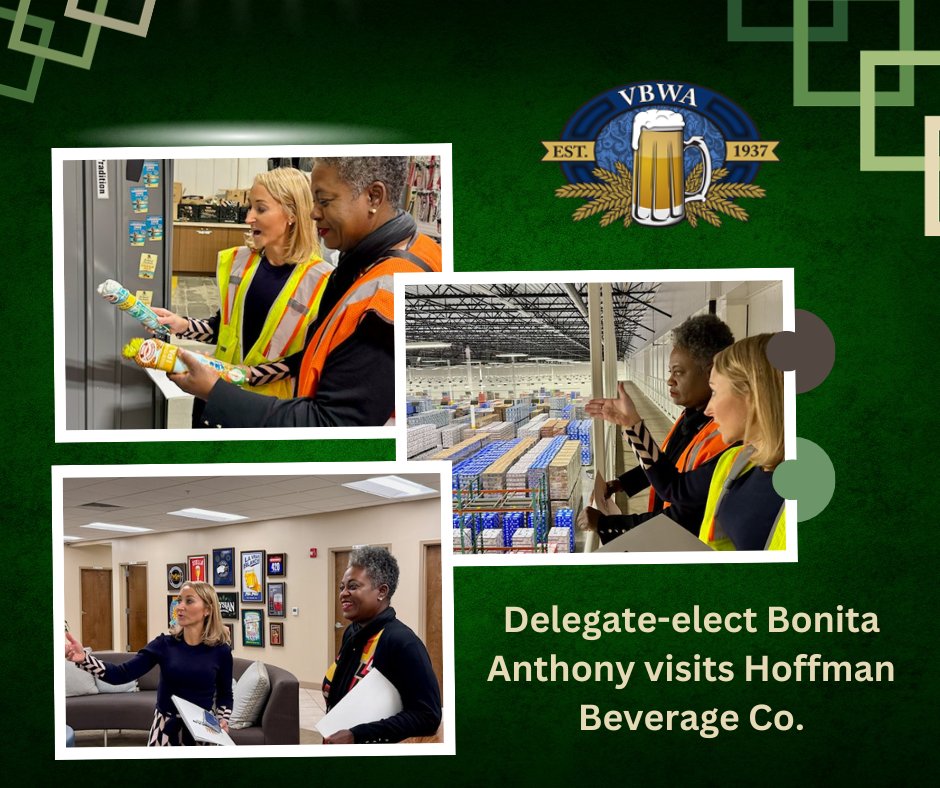 Thank you, Delegate-elect Bonita Anthony for visiting Hoffman Beverage Company in Chesapeake to learn more about the beer business!

VBWA #BeersToThat #CheersToThat #VAGeneralAssembly #VAElections #VA #VAPol #VAGov #Politics #Election #VALeg #Virginia