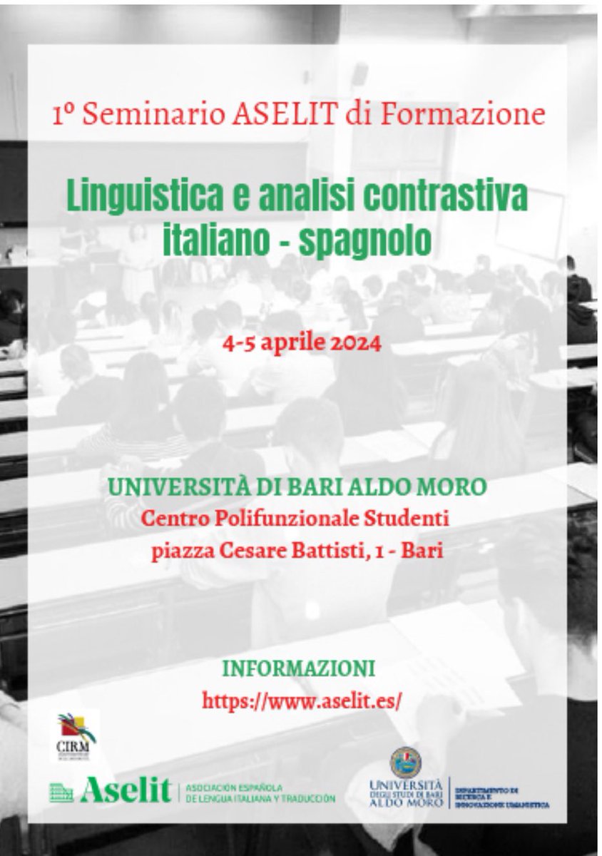 Vi ricordiamo che i gg 4-5 aprile avrà luogo all'Università di Bari il 

🔸1° Seminario ASELIT

Iscrizioni gratuite!
Trasmissione in diretta su instagram.

👀 Scaricate il programma:
aselit.es/actividades.ht…

#siamoaselit #linguisticaitaliana #linguaitaliana #didatticadellitaliano