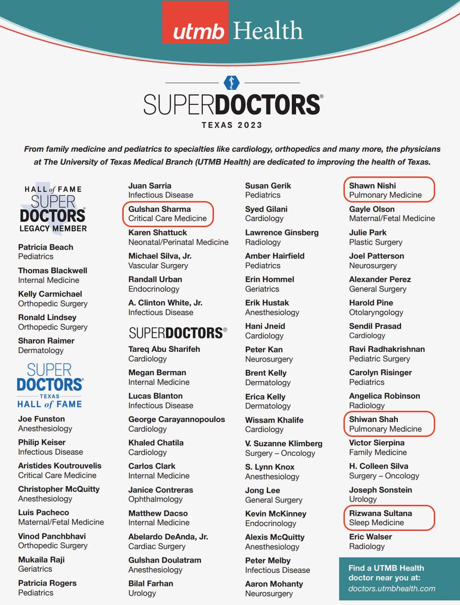 Thank you to @texasmonthly for acknowledging the #SuperDoctors of @utmbhealth, including our very own Drs. Sharma, Nishi, Shah, and Sultana! We are extremely fortunate to train with these attendings who go above and beyond for both their fellows and their patients!