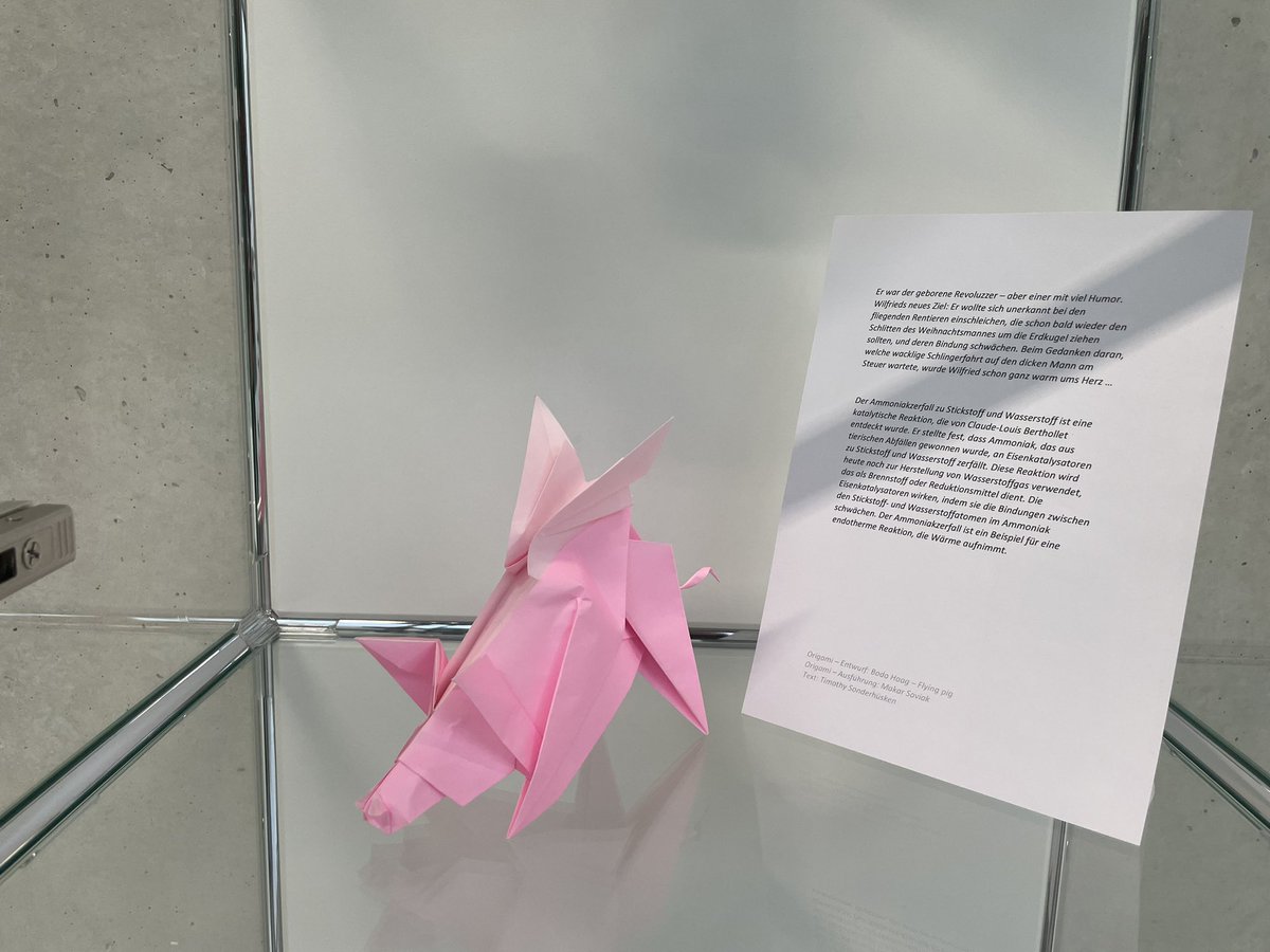 December 20th, and Wilfried the flying pig dreams of sneaking into Santa Claus‘ reindeer squad…. And we learn a bit about the catalytic decay of ammonia, e.g. from animal waste, which is nowadays used to get hydrogen gas… :) #origami #art #science @TUMCatalysis @TU_Muenchen