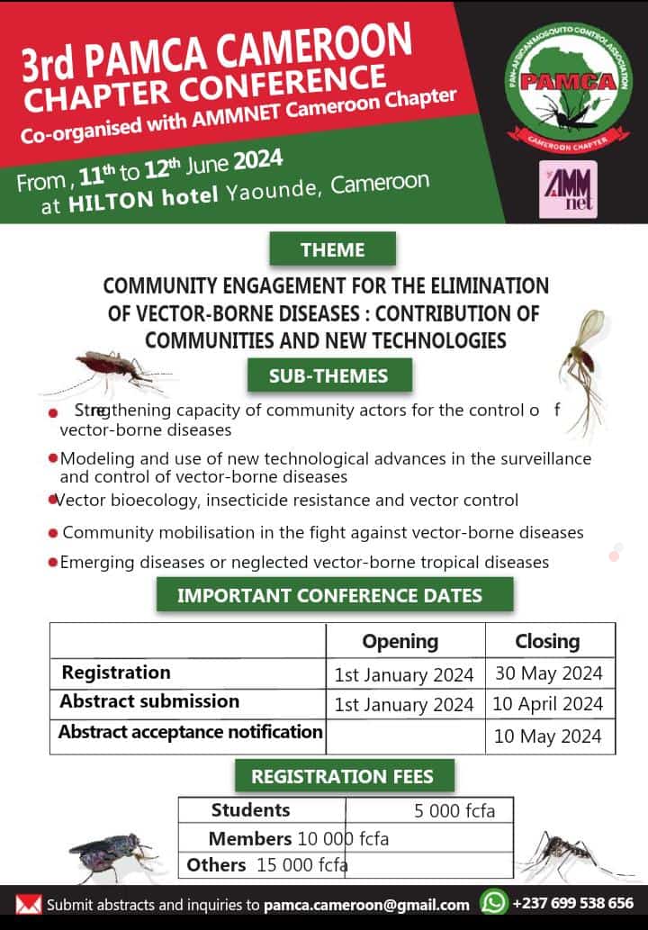 Pamca Cameroon (@cameroonpamca) on Twitter photo 3rd <a href="/CameroonPamca/">Pamca Cameroon</a> CHAPTER #CONFERENCE Co-organised with <a href="/AMMnetwork/">Applied Malaria Modelling network (AMMnet)</a> Cameroon Chapter
Save the date: 11th to 12th June 2024
At #HILTON Hôtel, Yaoundé, #Cameroon
Abstract submission deadline: April, 10th 2024
<a href="/pamcafrica/">PAMCA, Africa</a> <a href="/Pamca_Wivc/">PAMCA - WiVC</a> <a href="/cam_crid/">CRID-Cam</a> <a href="/GlobalVectorHub/">GlobalVectorHub</a> <a href="/womeninmalaria/">Women In Malaria</a> 3rd <a href="/CameroonPamca/">Pamca Cameroon</a> CHAPTER #CONFERENCE Co-organised with <a href="/AMMnetwork/">Applied Malaria Modelling network (AMMnet)</a> Cameroon Chapter
Save the date: 11th to 12th June 2024
At #HILTON Hôtel, Yaoundé, #Cameroon
Abstract submission deadline: April, 10th 2024
<a href="/pamcafrica/">PAMCA, Africa</a> <a href="/Pamca_Wivc/">PAMCA - WiVC</a> <a href="/cam_crid/">CRID-Cam</a> <a href="/GlobalVectorHub/">GlobalVectorHub</a> <a href="/womeninmalaria/">Women In Malaria</a>