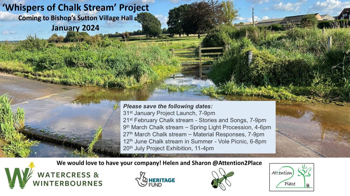 Looking forward to beginning our #whispersofchalkstream project in Bishop’sSutton in January . Here are some dates for your diaries - more details to follow in the New Year 😊#WatercressandWinterbournes #NationalLotteryHeritage @HantsIWWildlife