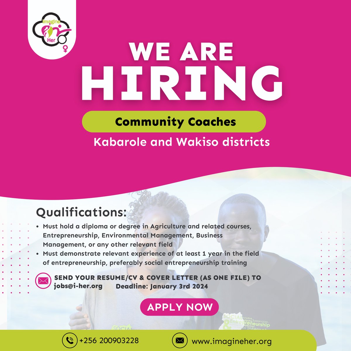 🔊We're hiring Community Coaches in Wakiso and Kabarole districts. Apply Today! Visit bit.ly/3ROjaKs for more info and job description. #ImagineHer #jobsuganda #career #entreprenuershipjobs #hiring