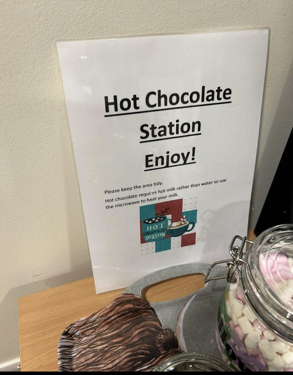A wee treat for our amazing staff……. Our hot chocolate station - offering a hug in a mug from the well being team ❤️ #teamED
