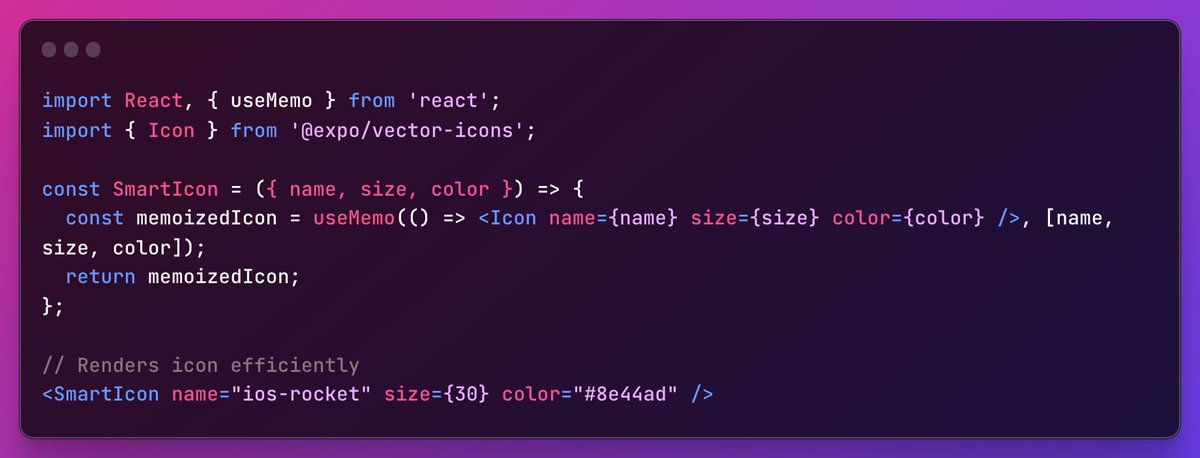TandanBhaumik's tweet image. Let's take our #ReactNative icon game up a notch with useMemo! This hook only re-renders your icons when necessary, saving precious resources.
Optimizing with useMemo means smoother animations and snappier UIs! #CodeTips #ReactOptimization #EfficientCoding