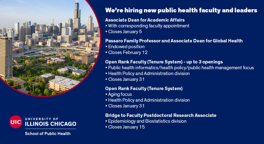 #Publichealth friends, let your networks know about these leadership and faculty opportunities at the UIC School of Public Health. publichealth.uic.edu/job-opportunit…