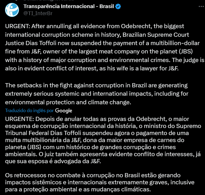 leiatheinvestor's tweet photo. ++ Transparência Internacional alerta sobre os retrocessos no combate à corrupção no Brasil após Toffoli suspender pagamento de multa multibilionário da J&amp;F

#OBrasilVoltou https://t.co/i0DVcpgbfQ