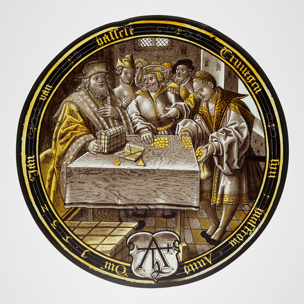 Check out this detail! This stained glass tells the biblical story of the Prodigal Son. Before distributing inheritances to his sons, the father weighs each coin on a balance. The Prodigal Son (right) shovels his gold coins into a bulging moneybag. He will not spend them wisely.