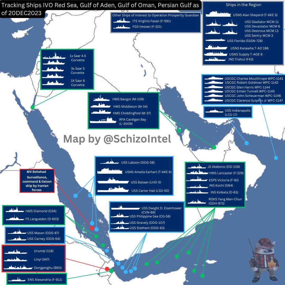 20DEC2023 correctional updated map of warships operating in Red Sea, Gulf of Oman, Gulf of Aden, Persian Gulf, Arabian Sea.

Corrections: 

FS Champlain (A-623) and FS Floreal Class Frigate due to operating in the Indian Ocean have been removed from the map for the time being.