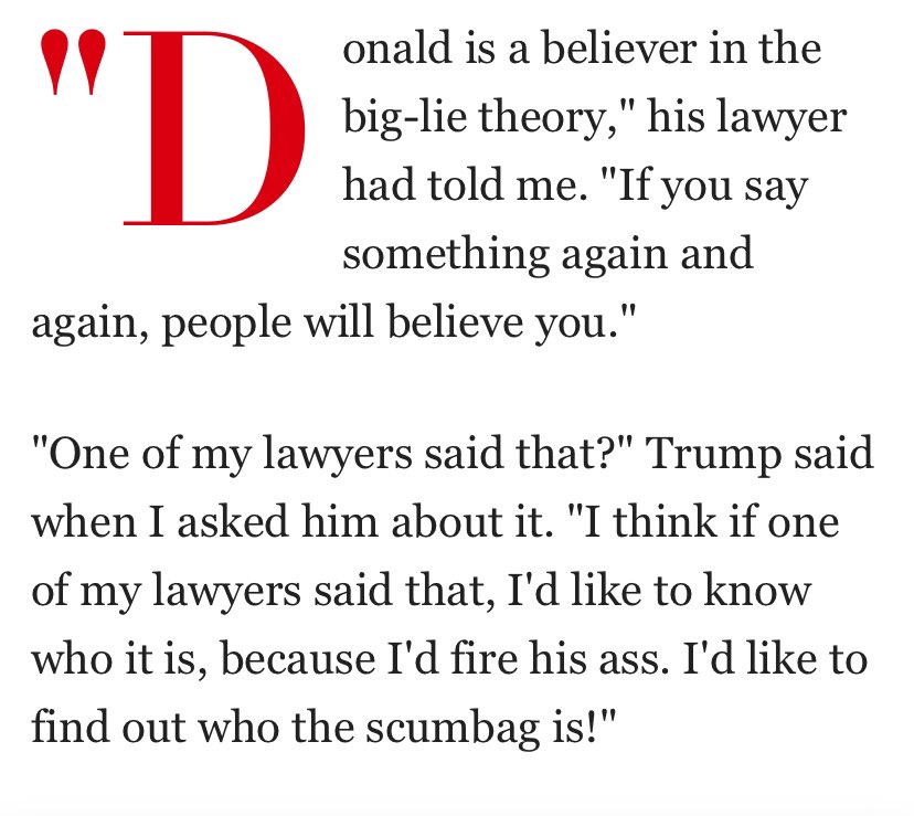 Just re-read Marie Brenner’s great 1990 @vanityfair piece about Trump. With his admission of keeping a book by Hitler. And quotes his lawyer saying Trump’s “a believer in the big-lie theory.” The unconnected dots: “big lie” was a concept and term Hitler introduced in Mein Kampf.