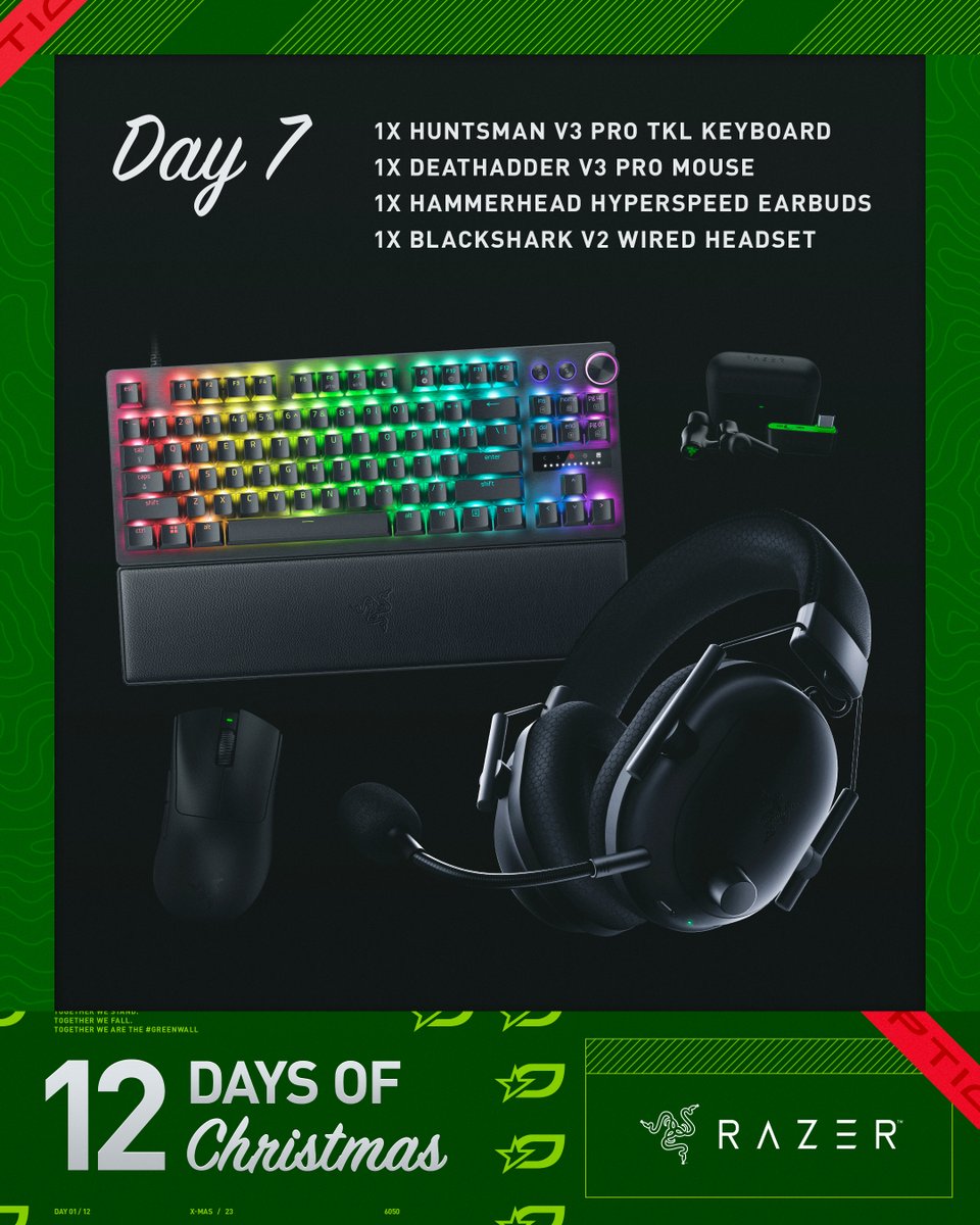 Day 7 of OpTic 12 Days of Christmas 🎁❄️ The full @Razer gear set to have you keeping up with the competition. These will have your setup looking AND feeling nice 🔥 Like/RT, make sure you're following us and @Razer, and put #GreenWall in the comments ⬇️