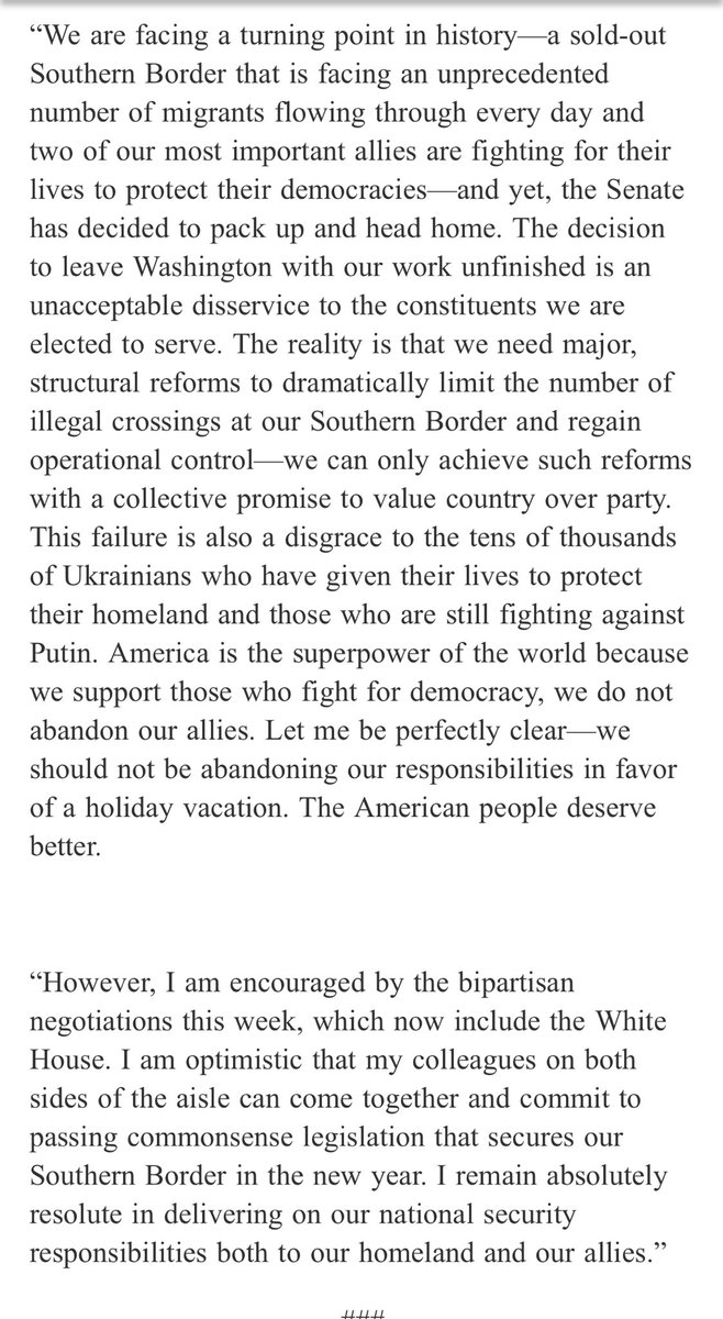 .⁦@Sen_JoeManchin⁩ is not happy that the Senate left without doing something on Ukraine and the US-Mexico border: “The decision to leave Washington with our work unfinished is an unacceptable disservice to the constituents we are elected to serve.”