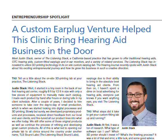 Learn how a custom earplug venture helped this clinic bring hearing aid business in the door. ow.ly/1q1950Qgqei  #EntrepreneurshipSpotlight #business #hearingcare Learn more about listeningstack.com and tlssoundlabs.com.