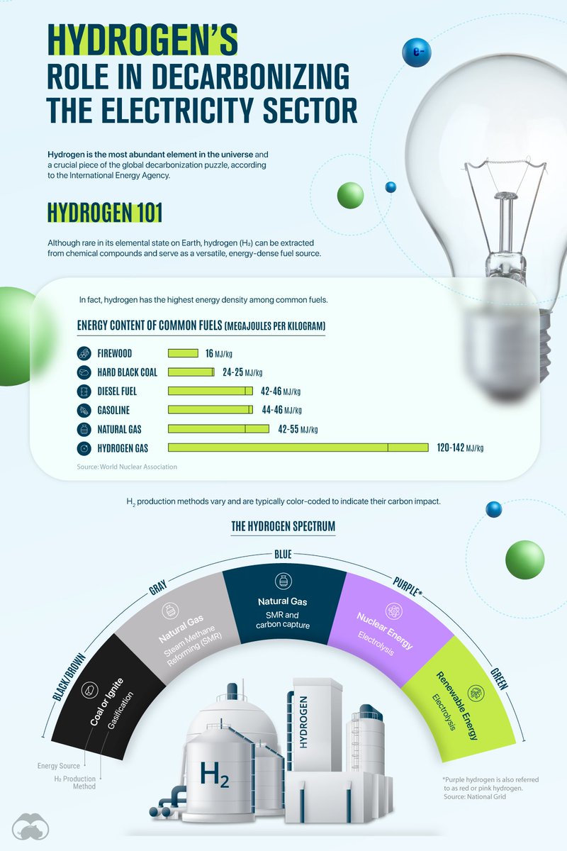 Unpacking Hydrogen’s Role in Decarbonizing the Electricity Sector 💡 In partnership with @_NPUC, this visual is a part of our Decarbonization Channel—shining a light on the progress towards net zero goals in the U.S. 🍃 See the full visual: decarbonization.visualcapitalist.com/hydrogen-role-…