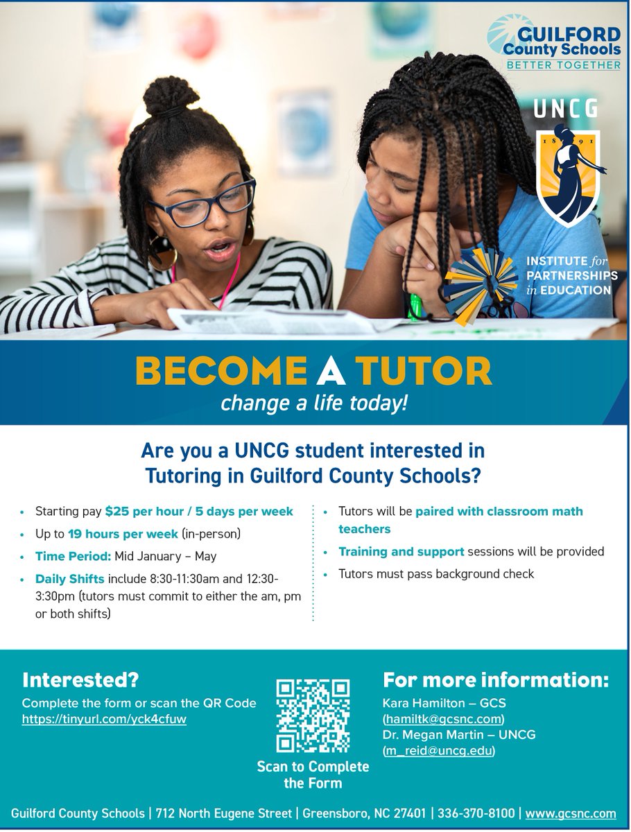 UNC Greensboro School of Education (@uncgschoolofedu) on Twitter photo Another tutoring opportunity is available for both undergrad and grad students! Get paid $25/hr to tutor Guilford County students.
Interest form: ow.ly/eAac50QkhE5
Questions? Contact Megan Martin at m_reid@uncg.edu Another tutoring opportunity is available for both undergrad and grad students! Get paid $25/hr to tutor Guilford County students.
Interest form: ow.ly/eAac50QkhE5
Questions? Contact Megan Martin at m_reid@uncg.edu