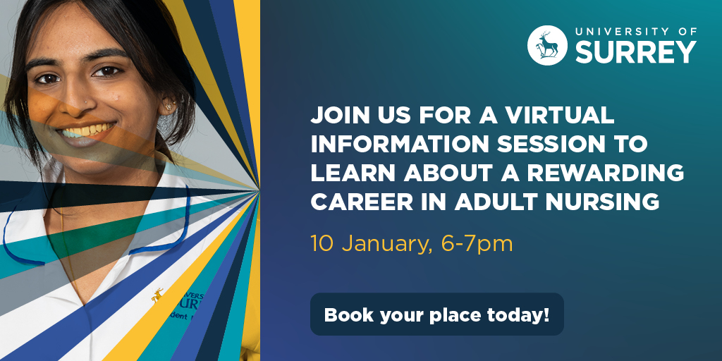 Register for our virtual information session to learn more about a career in adult nursing: ow.ly/3Agl50QkE7m @AdultUniSurrey @UoSnursingsoc