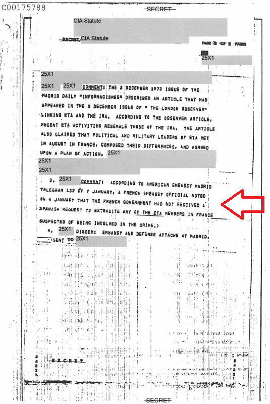 #EXCLUSIVA: MAGNICIDIO DE CARRERO BLANCO.
Acabo de localizar un documento de la #CIA de Enero/1974 desclasificado parcialmente en 2022.
-Señala que el "PLAN" y la "EJECUCIÓN" del Asesinato excedía las capacidades de la ETA.
-Mantiene todavía el SECRETO en partes sustanciales. La