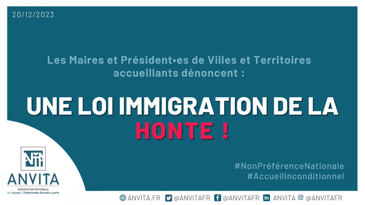 @anvitafr: maires &amp; président·es dénoncent une loi honteuse pr notre République! La #LoiImmigration du gouv <a href="/EmmanuelMacron/">Emmanuel Macron</a> reprend l’idéologie de l’extrême-droite et attaque les droits humains !

#NonPréférenceNationale #AccueilInconditionnel

<a href="/BabethLemoine/">Anne-Elisa LEMOINE</a> <a href="/cavousf5/">C à vous</a> <a href="/EmiliETN/">Emilie Tran Nguyen</a>