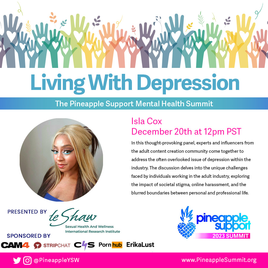 PS Ambassador @islacoxxx is taking part in our Health Summit this year and joining our Living with Depression panel 💙 Tune in today!

Join us: pineapplesummit.org/pineapple-summ…

Sponsored by @Cam4 @stripchat @clips4sale @Pornhub @erikalust
#livingwithdepression  #livingwithdepression