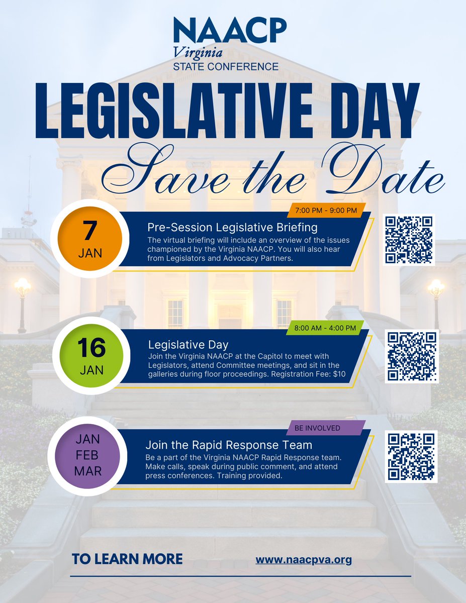 Join the Virginia NAACP at the Capitol on Tuesday, January 16, 2024, 8 am – 4 pm for the 2024 Legislative Day. During this day, we will meet with Legislators, attend Committee meetings, and sit in the galleries during floor proceedings. To register naacpva.us/2024Legislativ…
