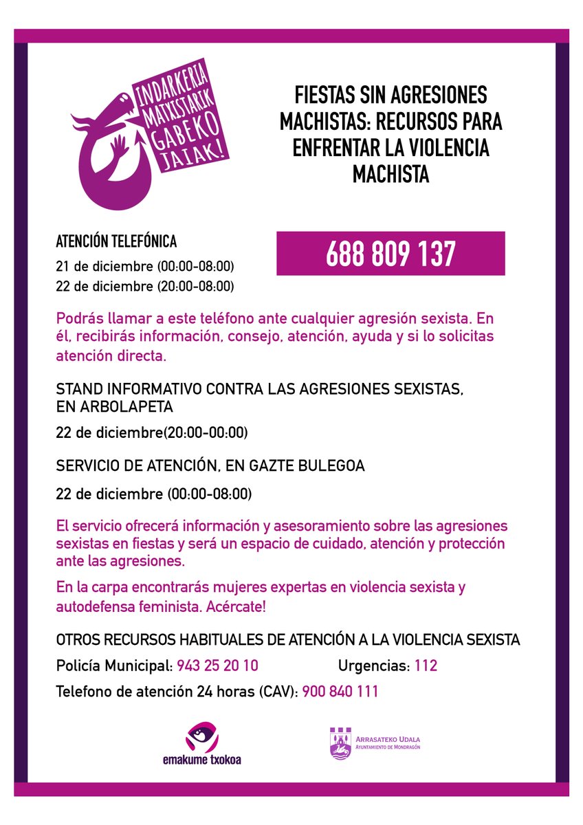 📌Santamas jaiari begira, indarkeria matxistari aurre egiteko bitarteko ezberdinak  eskainiko ditu Udaleko Berdintasun sailak. 
💥Jaietan ere, tratu ona sustatu eta disfrutatu. 
💥Indarkeria matxistarik gabeko Santamasak guztiontzat!