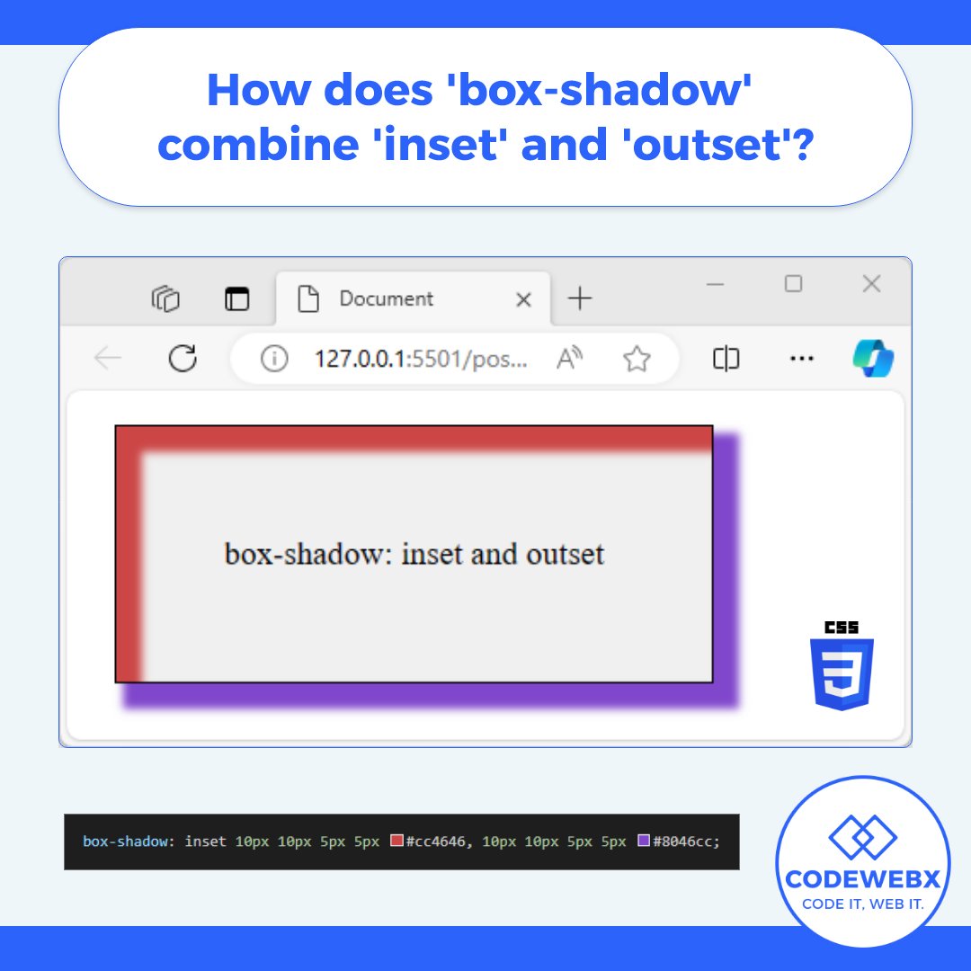 codewebxsl's tweet image. 👍How does &apos;box-shadow&apos; combine &apos;inset&apos; and &apos;outset&apos;?👍

box-shadow: inset 10px 10px 5px 5px #cc4646, 10px 10px 5px 5px #8046cc;

#codewebx #codewebxsl #webdesign #webdesigner #webdeveloper #webdevelopment #webdev #webdesigner #webdesigning #webdesigners #webdevelopers