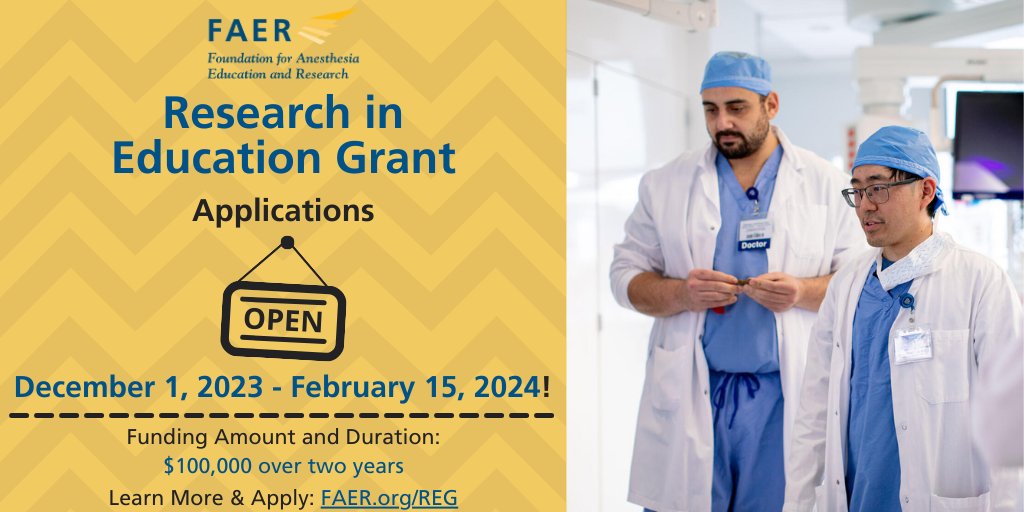 Elevate your educational impact! Explore the Research in Education Grants (REG) – a $100,000 opportunity over two years for anesthesiology faculty. Apply today: tinyurl.com/ys7s3deb #Anesthesiology