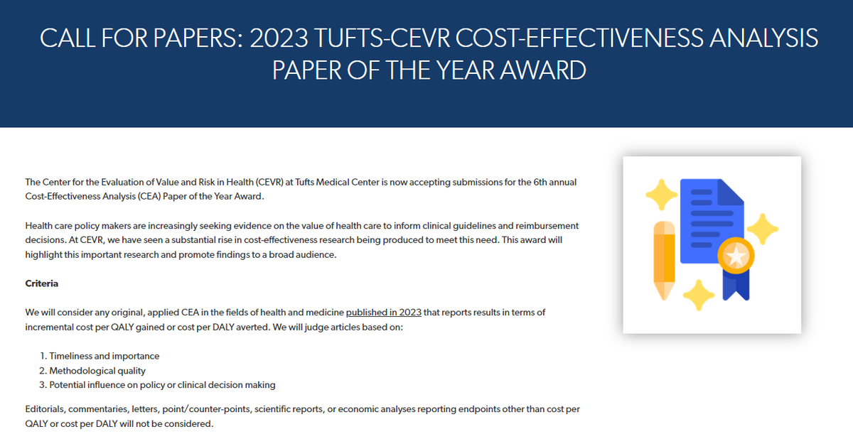 Submissions are open for our 6th annual paper of the year award! Visit our website to learn more about eligibility and selection criteria: tinyurl.com/4jtye5vv #HEOR #healthecon #HTA #costeffectiveness