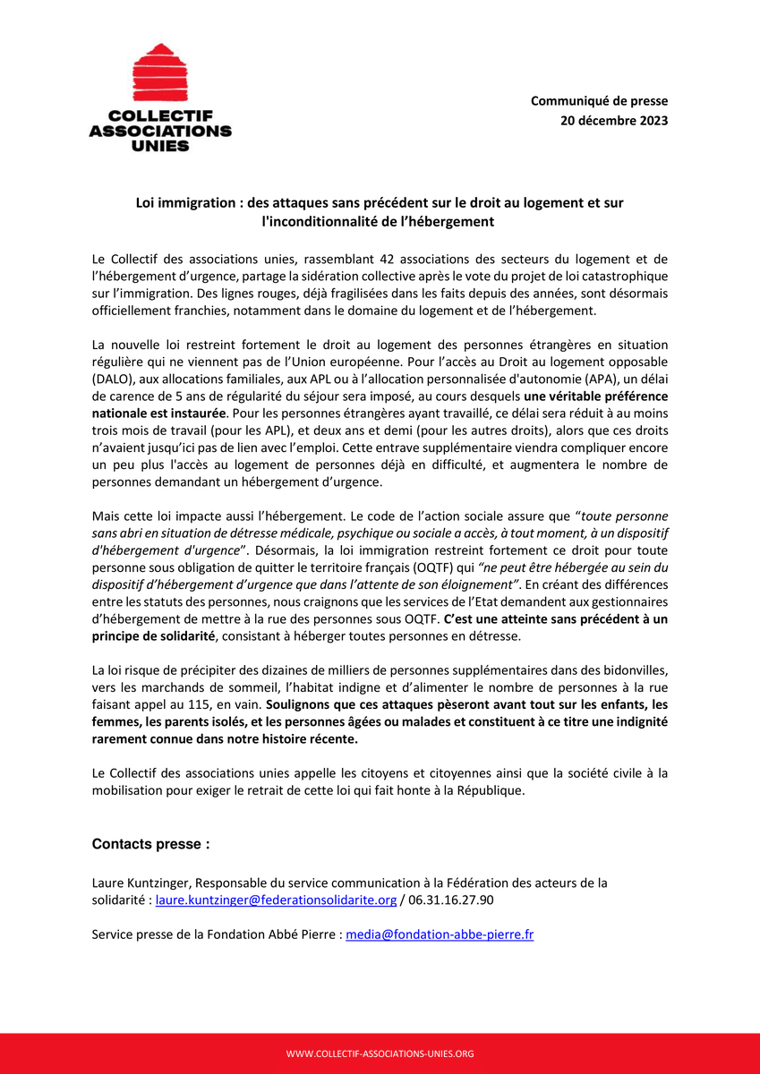 AssosLogement's tweet image. Nous partageons la colère et la sidération après le vote de la #LoiImmigration.
Des lignes rouges, déjà fragilisées depuis des années, sont désormais officiellement franchies.
Mobilisons nous pour le retrait.
Notre communiqué ⤵️
collectif-associations-unies.org/2023/12/20/loi…