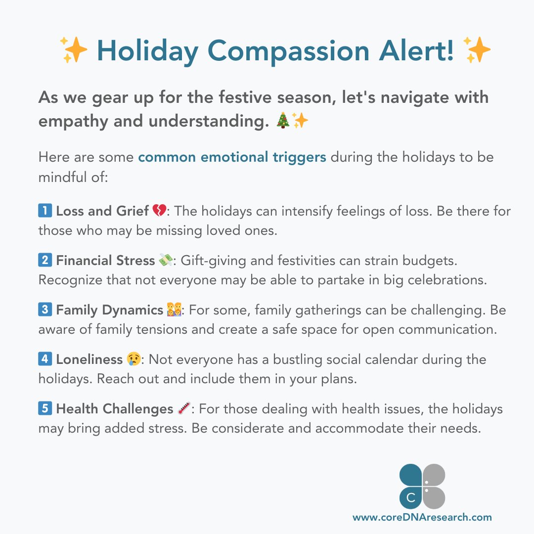 As we gear up for the festive season, let's navigate with empathy and understanding. 🎄✨ Here are some common emotional triggers during the holidays to be mindful of.

#EmotionalTriggers #HolidayEmpathy #MindfulCelebration