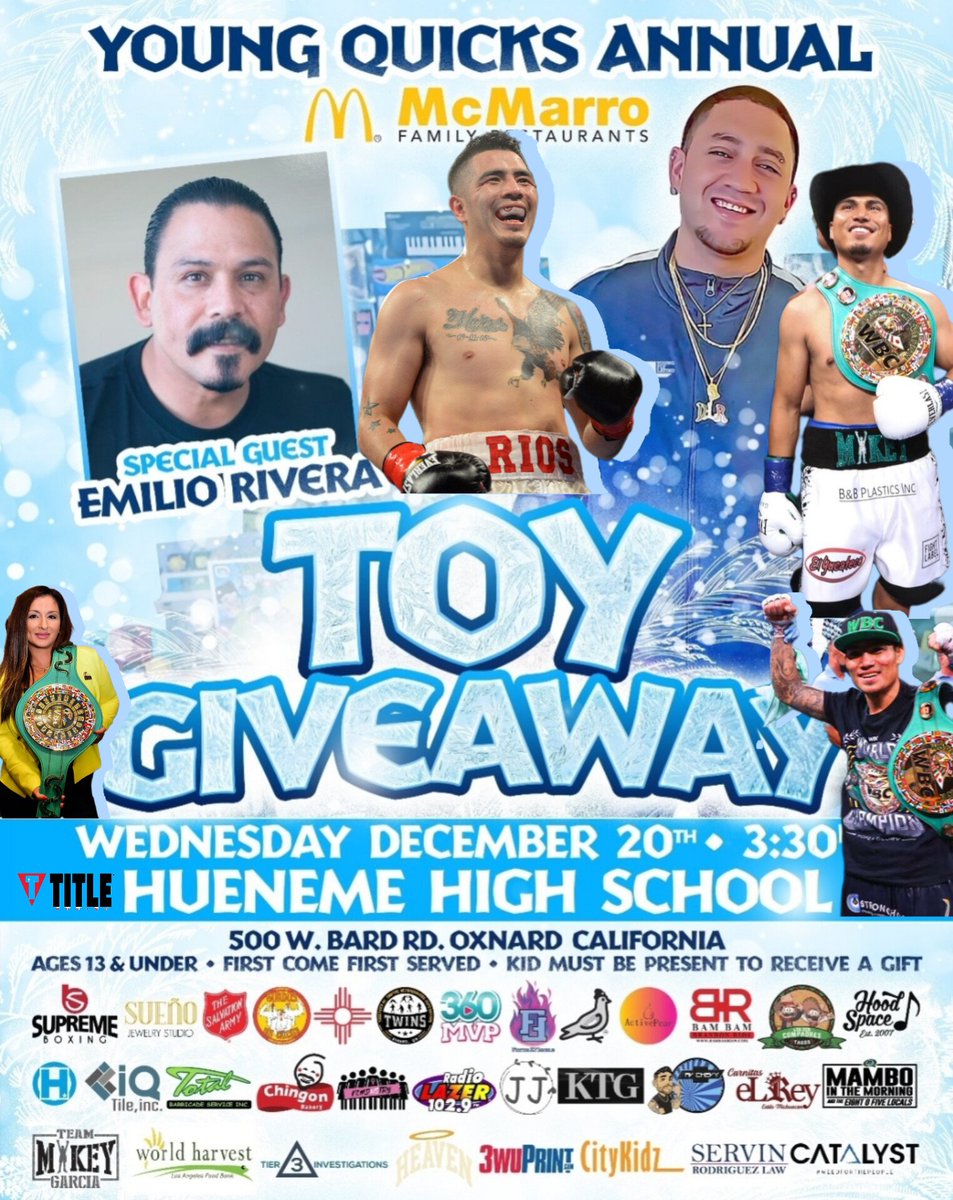 Oxnard! See you later today! We'll be giving away over 1,000 toys, Boxing gear from @titleboxing @FTWRBrand Happy Meals @McDonalds so much more! See you there! @youngquicks @Brandon_Rios1 @mikeygarcia @markmagsayo_MMM @EmilioRivera48 @SupremeBoxing @GarciaBoxing @_FernandoVargas