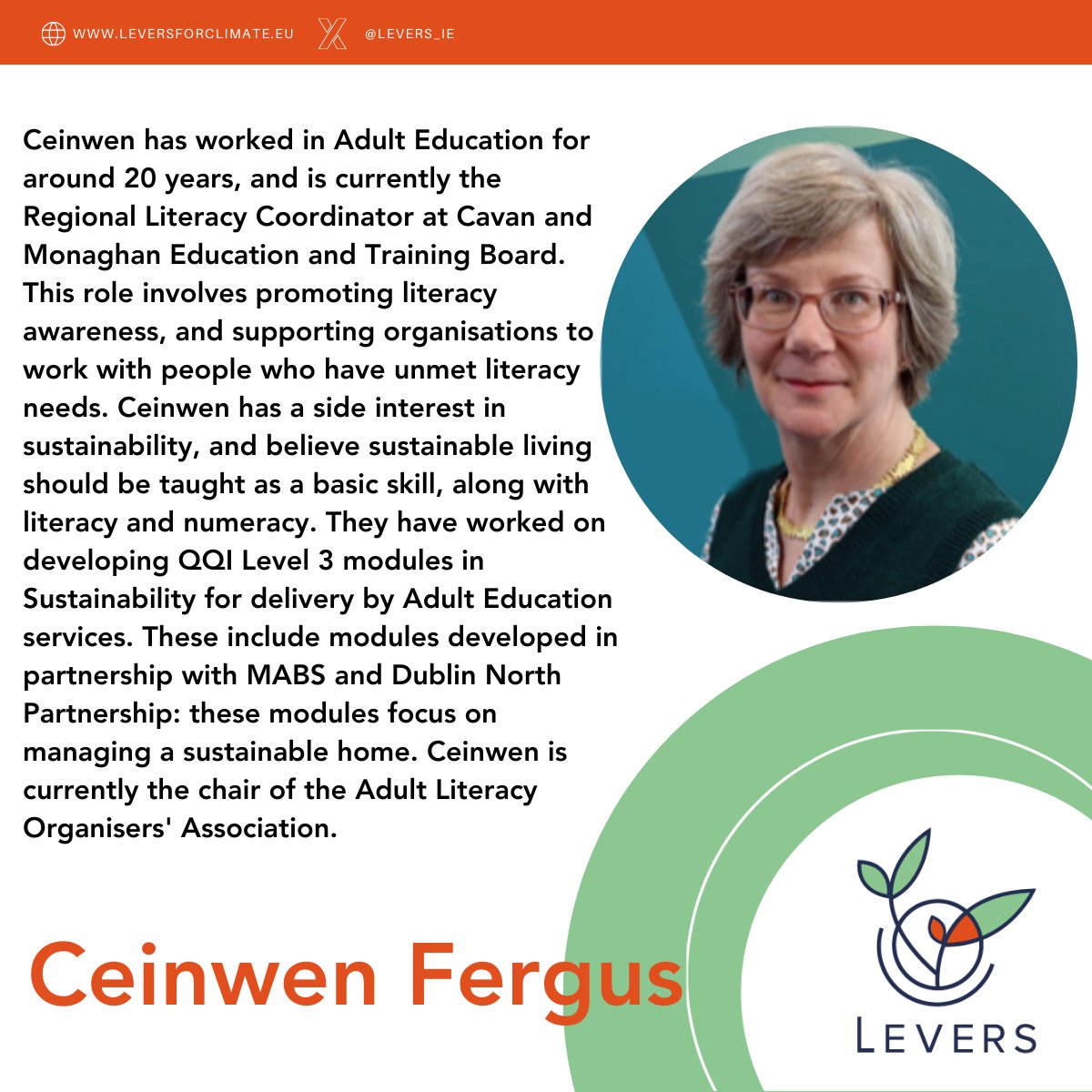 We are delighted to announce the second person on our Judging panel who will be helping us with the difficult task of choosing a submission to work with in the coming months of the new year:

Ceinwen Fergus

#LEVERS #Leversforclimate