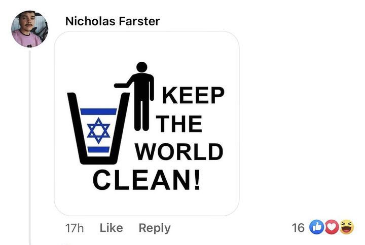 Nicholas Farster appears to be a @DeptofDefense employee at the Puget Sound Naval Shipyard in Washington state.

His antisemitic sentiment of trashing the world’s only Jewish state in order to  keep the “world clean” is deemed antisemitic by the IHRA definition of antisemitism